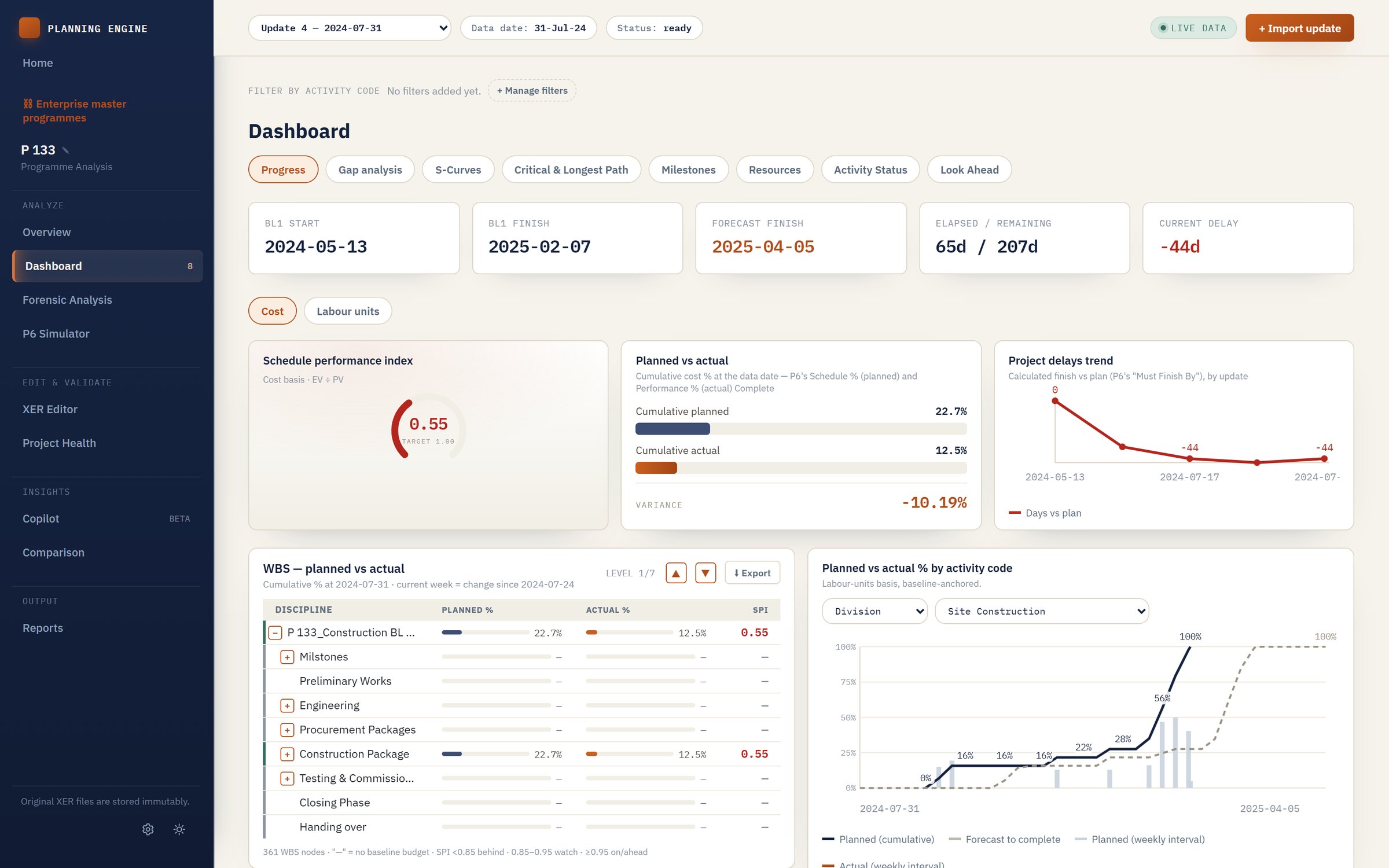 Planning Engine dashboard